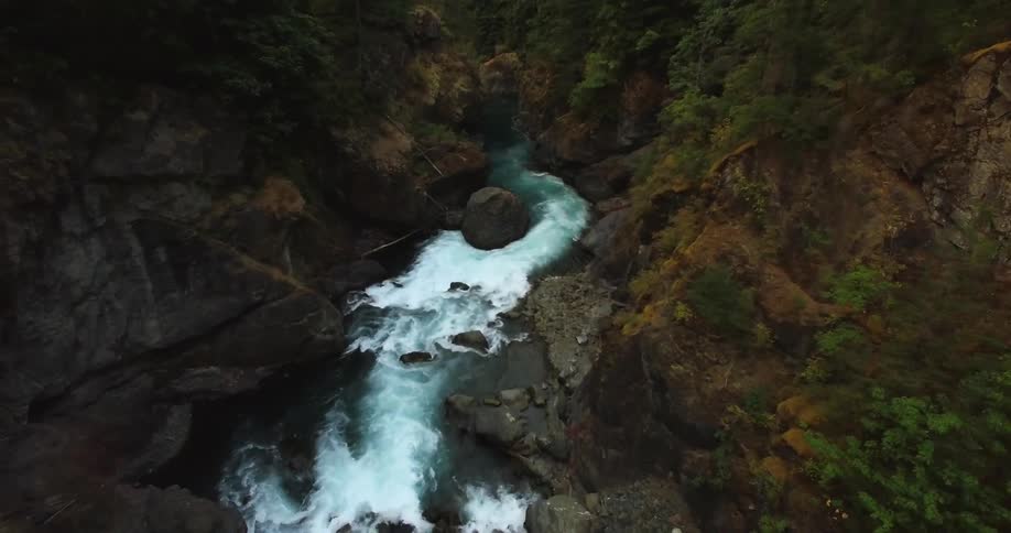 An aerial view of a river flowing through some mountainous area