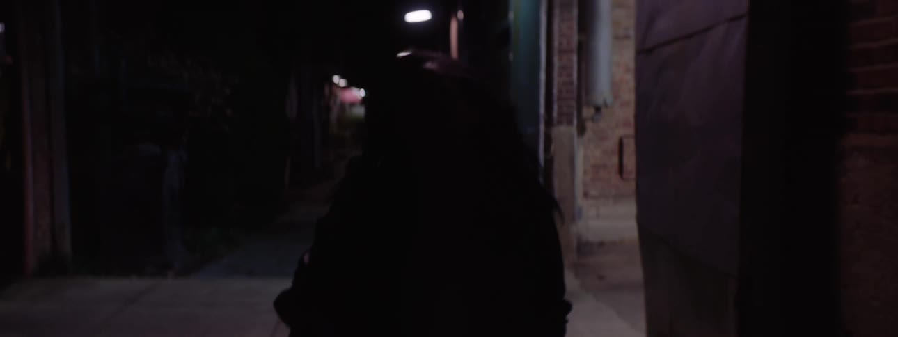 The woman walks down the alley in the city