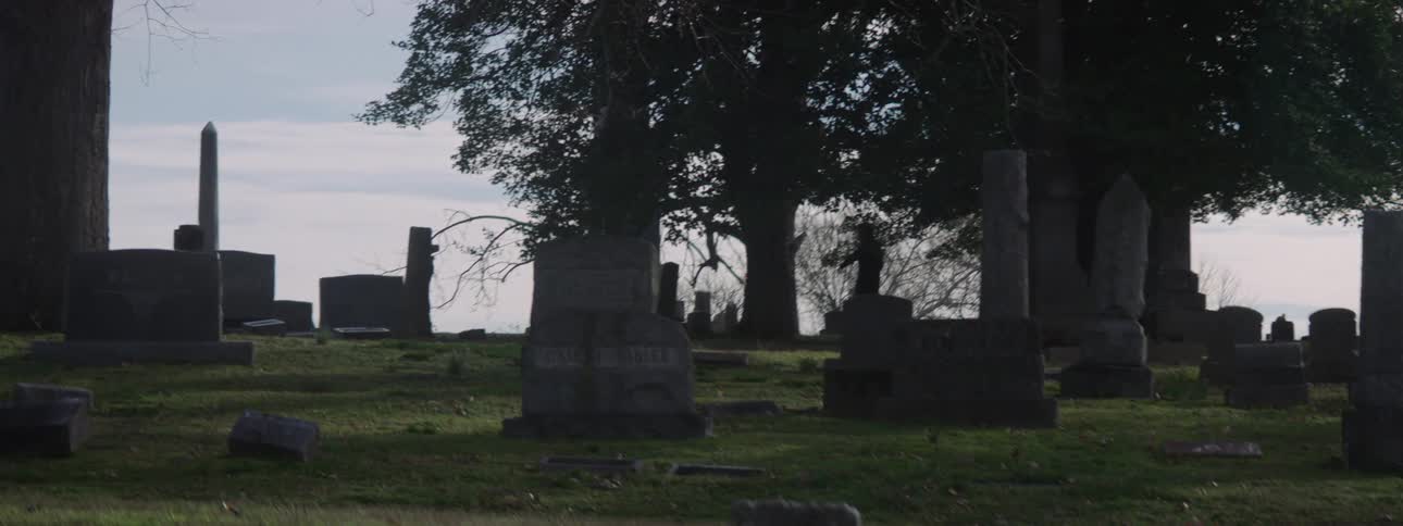In the video the camera pans across a grassy cemetery with old gravestones and large shadowy trees a person in dark clothing walks slowly in the background appearing as a silhouette against the overcast sky
