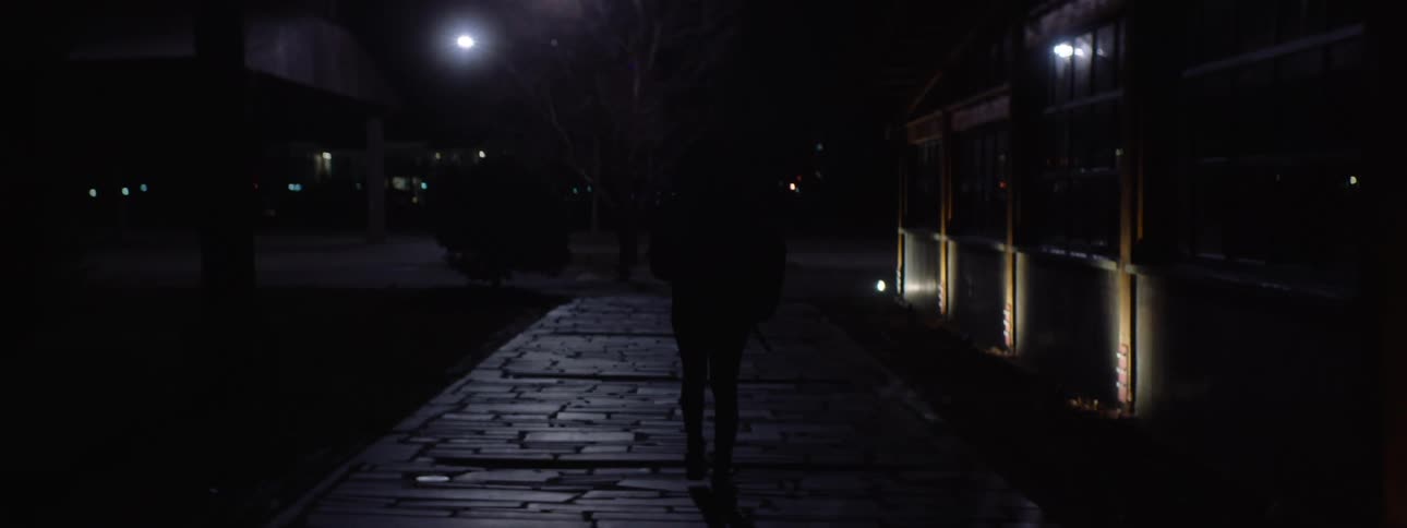 Person walking alone on a lit sidewalk at night