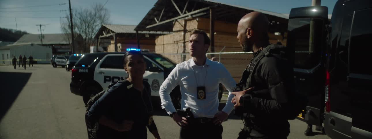 Three police officers two men and one woman stand in the middle of a street at a crime scene having a discussion while other officers and police vehicles remain on standby nearby at midday