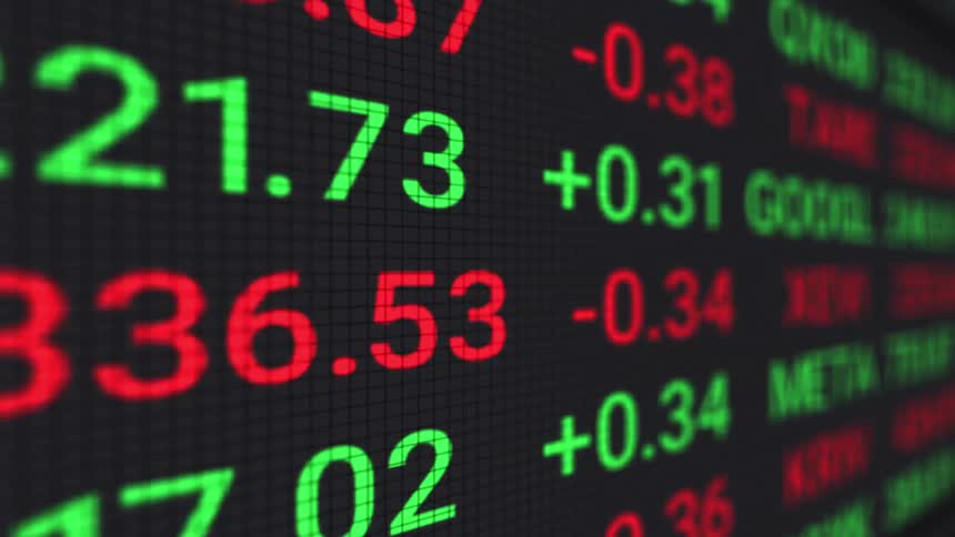 A dynamic shot of a digital stock ticker shows various company names and stock prices the tickers scroll across the screen with numbers and letters in either red or green to indicate a decrease or increase