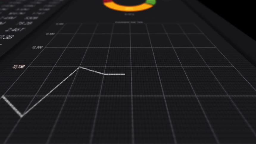A screen shows a graph with a line and a pie chart with data
