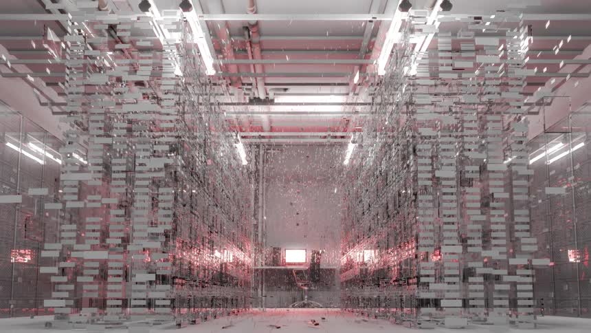Server corridor with red lights reflecting on the metal structures breaking and reforming