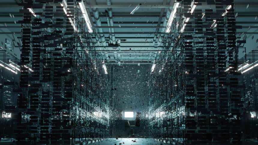Glass walls in a cgi data center explode and shatter in reverse