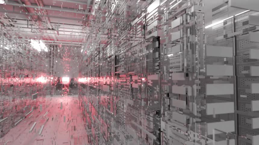 In a futuristic animation a server rooms racks dissolve into a chaotic swarm of digital particles before reassembling