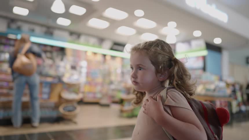 The child is walking through the store
