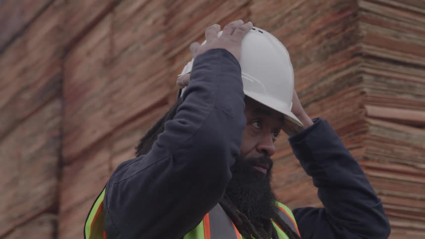Worker puts on a hardhat while standing near a tall block composed of multiple stacks of wood panels
