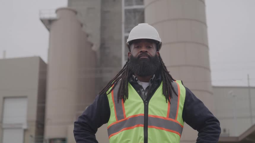 A construction worker stands confidently in front of an industrial facility
