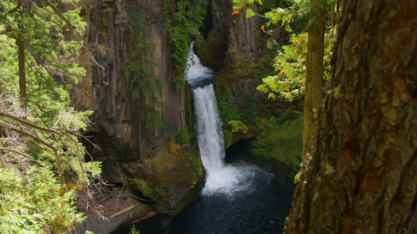 A tall powerful waterfall cascades down a rocky cliff face into a dark bluegreen pool below the surrounding cliff walls are lined with basalt columns and covered in lush green moss and foliage