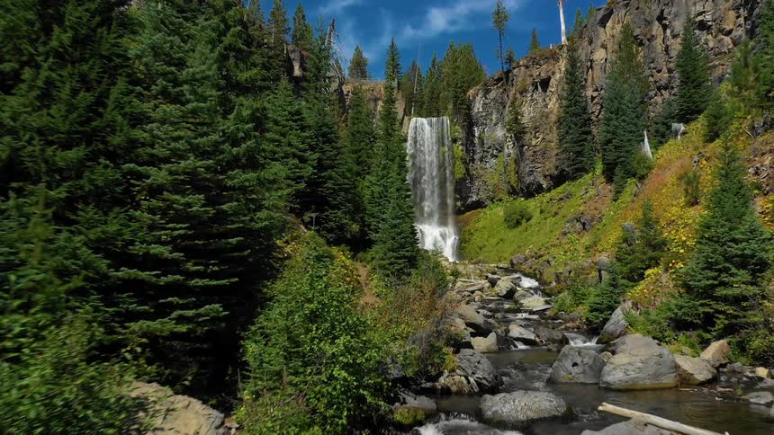 A powerful waterfall cascades down a rugged cliff face creating a mistfilled basin below a river of rapids flows away from the base of the waterfall surrounded by vibrant green fir trees and rocky terrain
