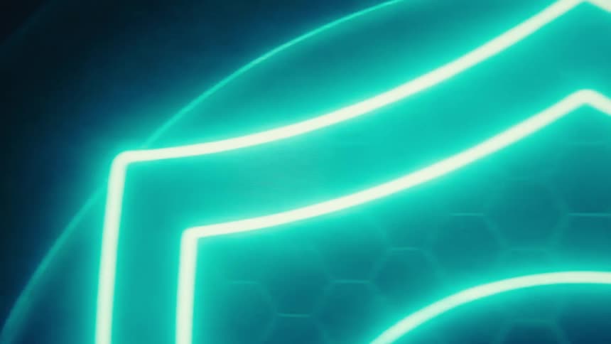 Abstract logo with neon blue lines against a dark background