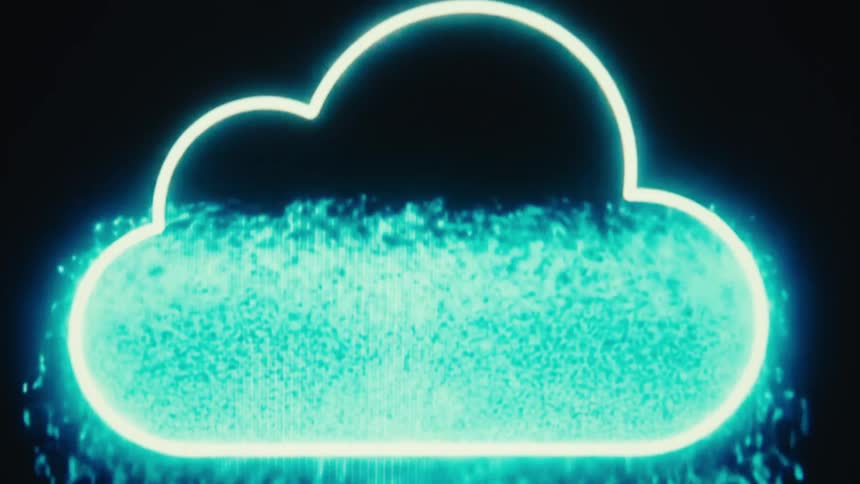 A neon blue cloud icon dissolves into digital particles on a dark background
