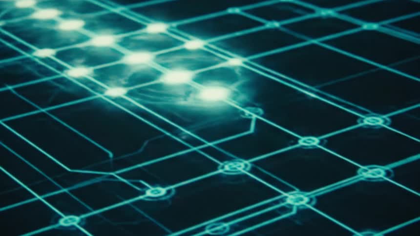 A glowing digital grid with bright nodes is connected by blue lines