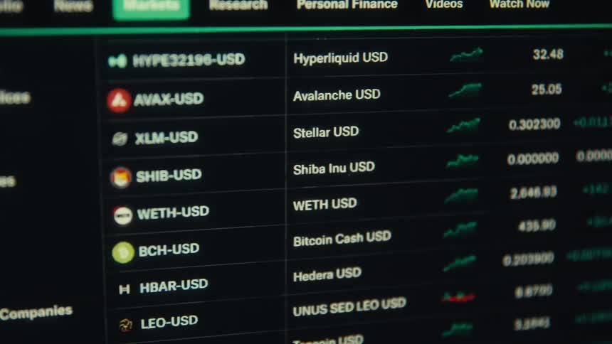 Crypto information scrolls on the screen