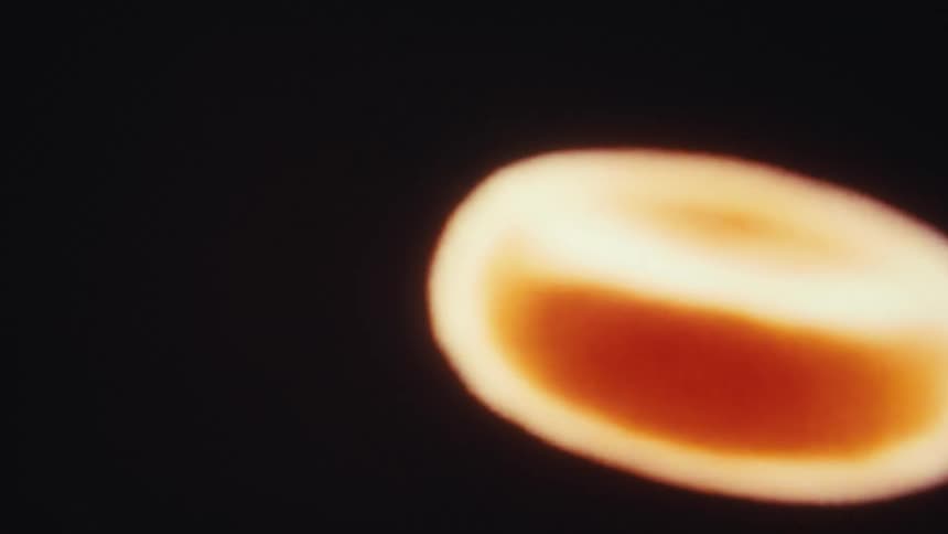 A macro view shows out of focus biconcave shaped red blood cells floating and rotating on a black background