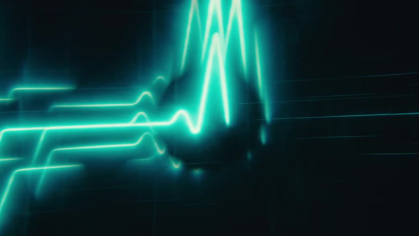 A dark video shows bright neon turquoise waveforms moving from left to right across a screen in a rhythmic and digital pattern