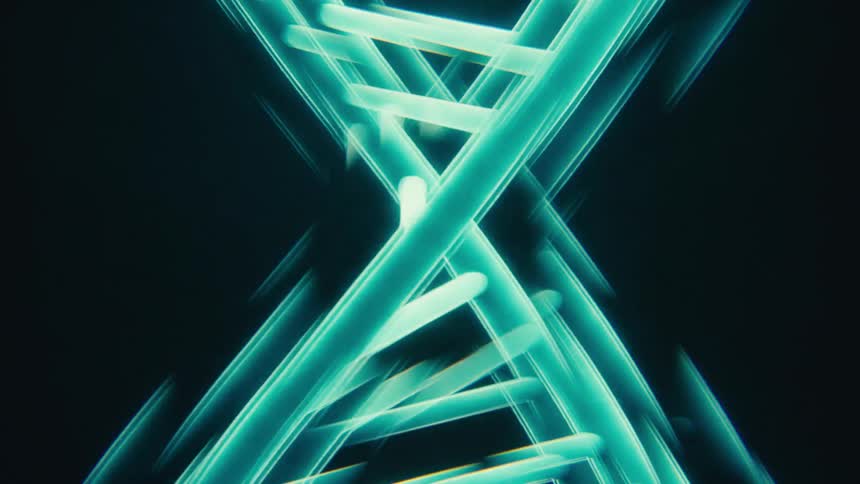 Closeup of blue genetic material against a black background