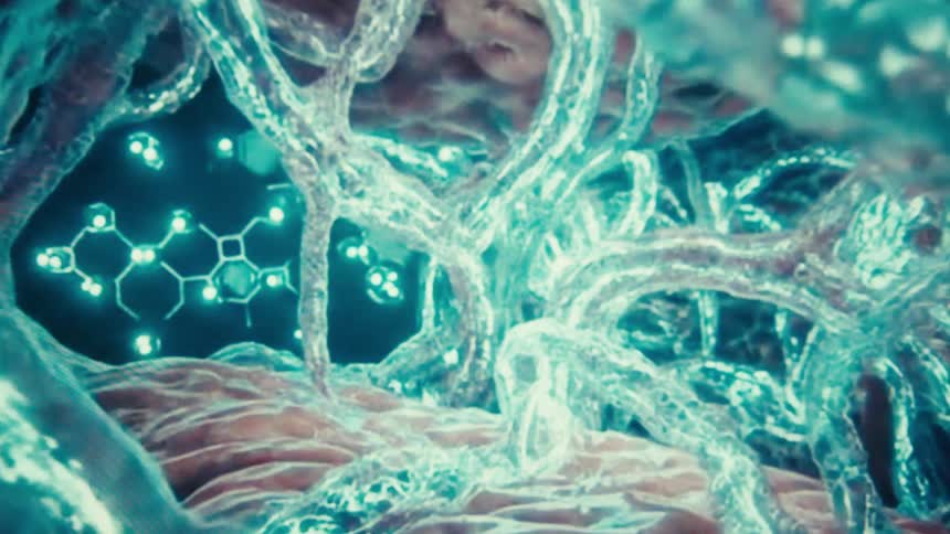 A futuristic microscopic video shows a close view of a glowing ethereal blue neural network with hexagonal molecules and glowing points moving through organic web like tissue