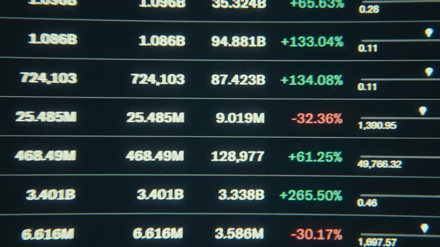 A shot shows a view of a screen with a list of companies and their financial data
