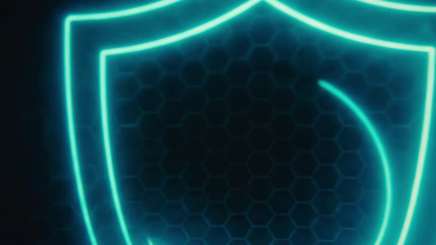 A neon sign shaped like a shield with the light moving through it in a clockwise direction