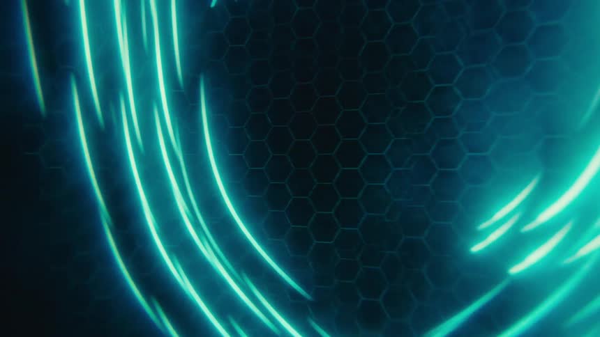 An abstract animation shows several curved lines of neon blue light moving and rotating across a dark hexagonal grid background the lines glow brightly leaving a subtle afterglow as they move across the screen