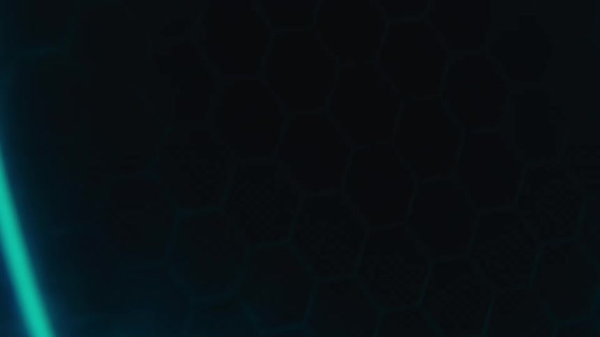 Glowing bluish lines stand out against a hexagonal patterned background