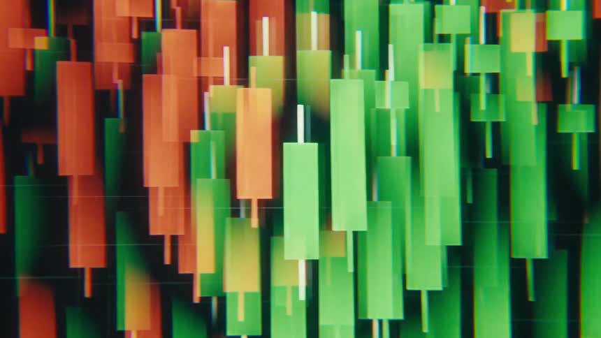 Computer screen displaying a series of candlestick stock prices with green and red candles