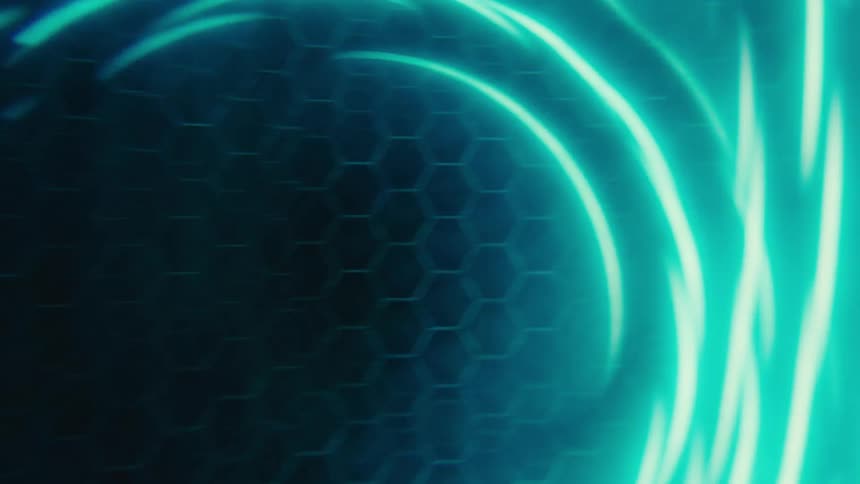 Digital lighting system with cyan neon glowing wavy circular lines moving against a black background