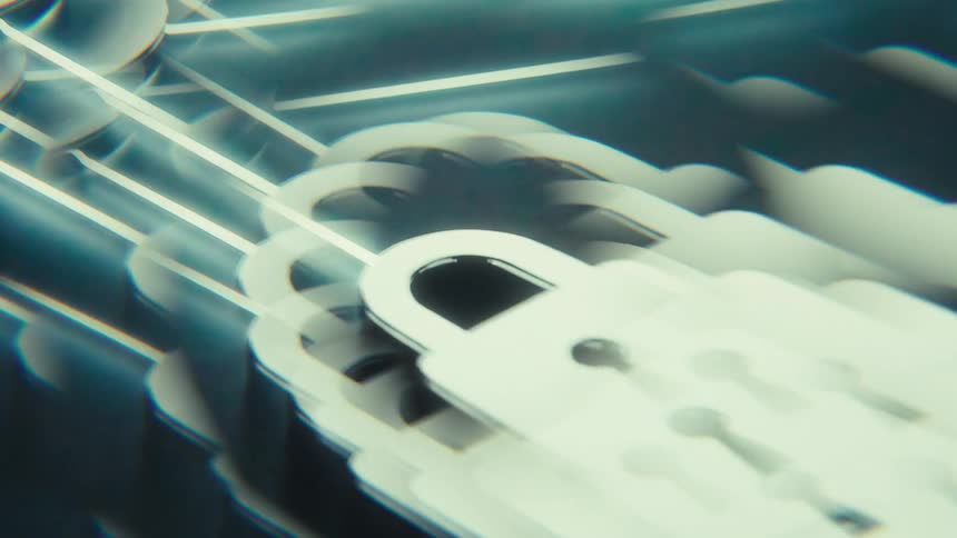 Metallic padlock in focus layered over multiple digital security symbols