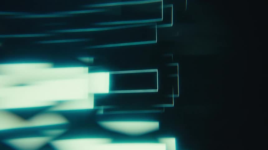Futuristic glowing turquoise and white blocks and rectangular shapes move quickly in a digital stream on a dark background