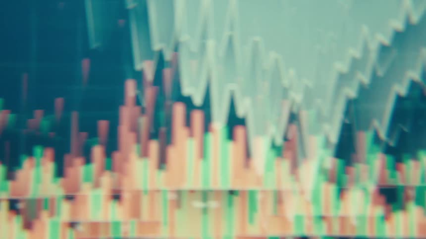 A screen shows a financial chart with lines and bars moving up and down