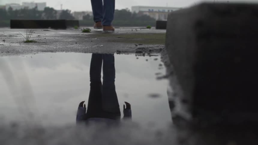 Person walking on a puddled ground