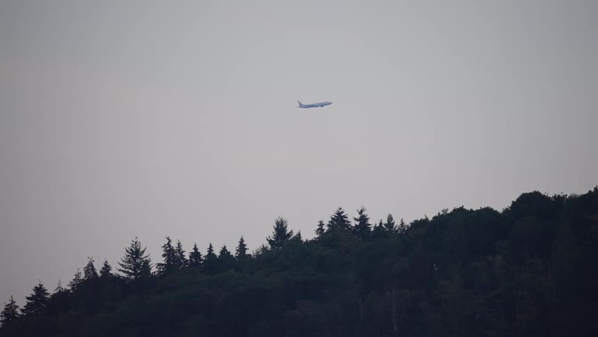 An aircraft flying across a forest area during daytime