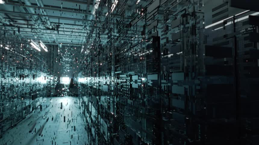 A digital rendering of a data server room in pieces as floating data streams and server racks appear