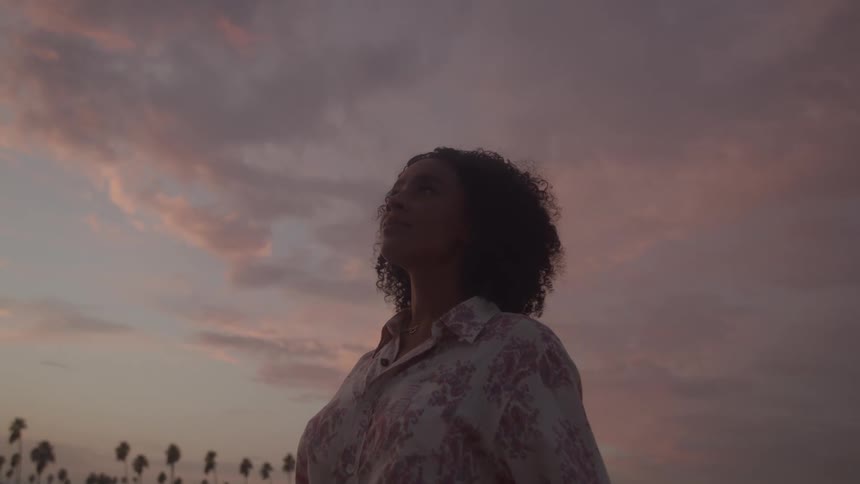 A person looks up at a cloudy sky with palm trees at sunset