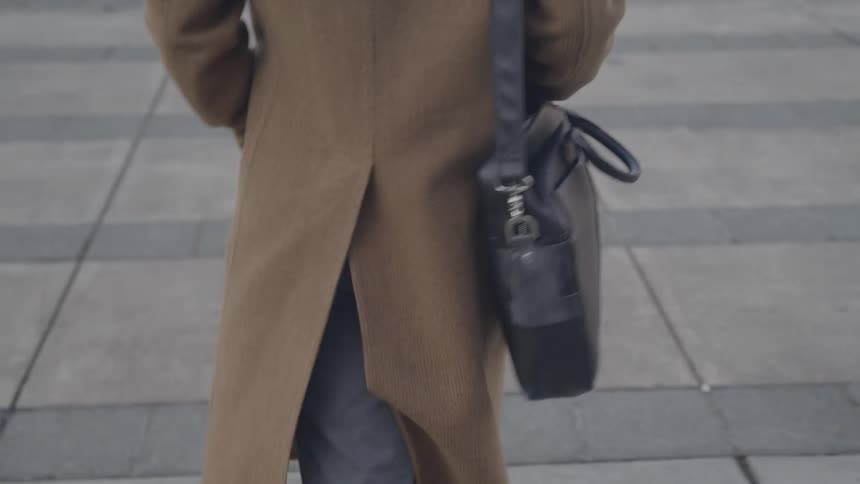 Person in a brown coat seen from behind carrying a black shoulder bag