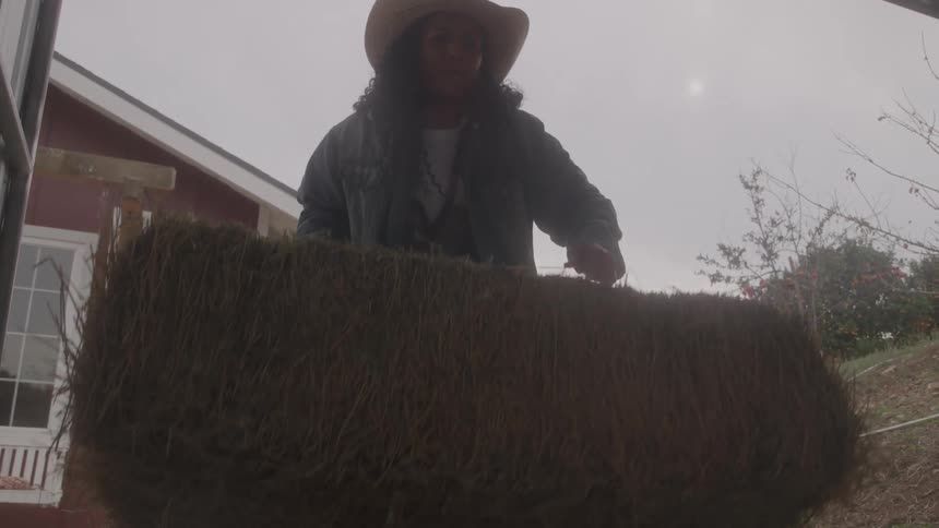 Woman wearing a cowboy hat loading straws into a trailer bed at midday