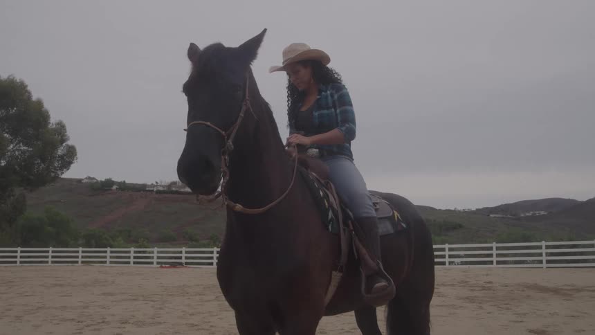 A woman sits on a saddle on a horse