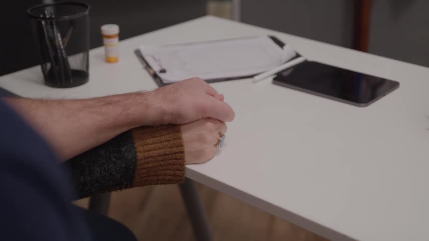 Two people are holding hands while sitting at the desk