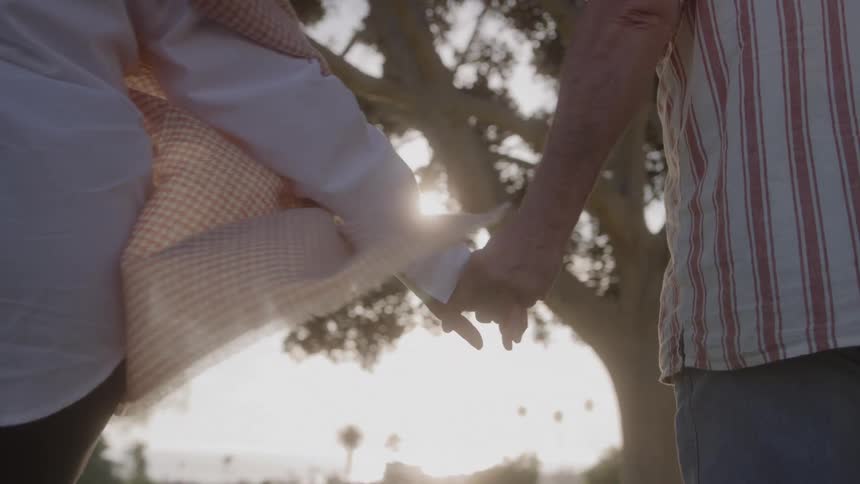 A man and a woman hold hands and walk outdoors in a sunny day