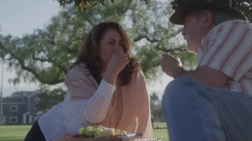 Woman talking with a man during an outdoor picnic