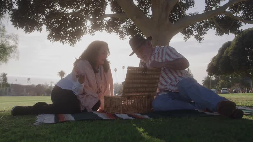 The man and woman have a picnic under the tree