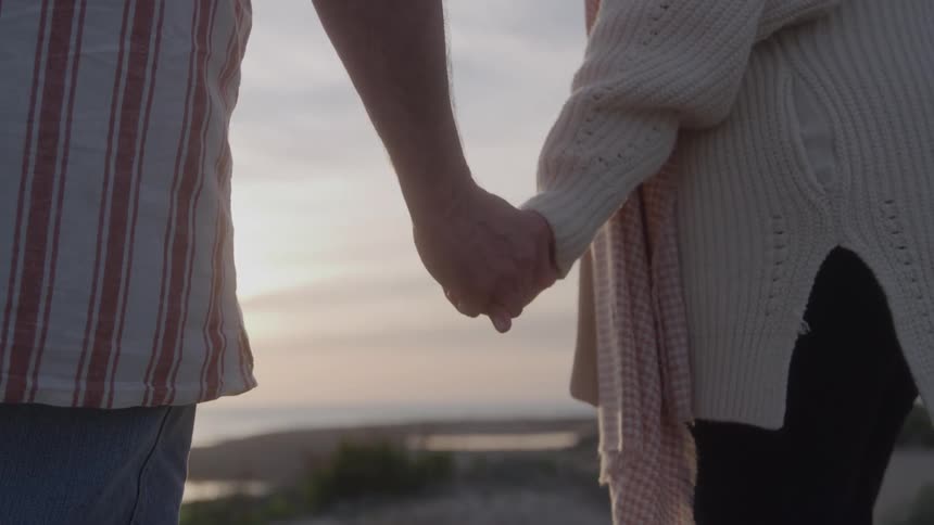 Couple holding hands in front of the sunset