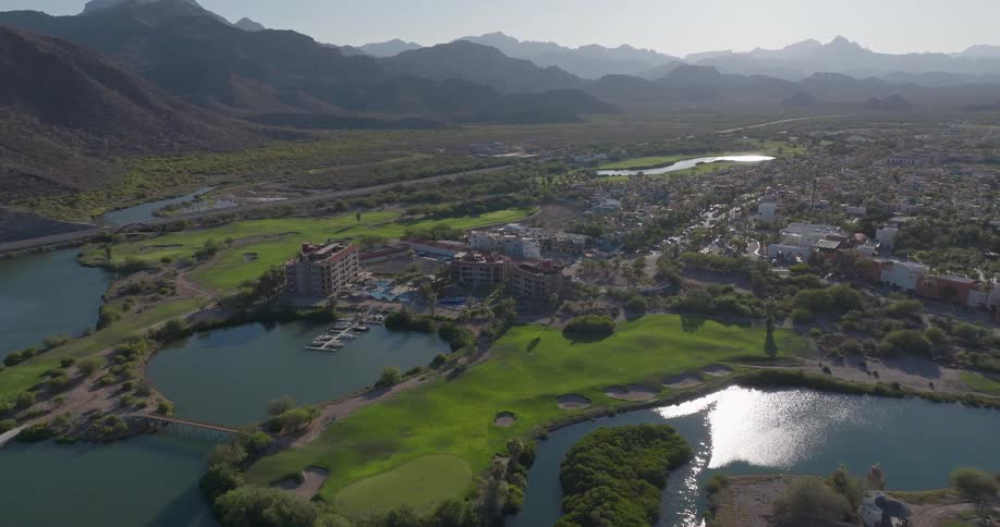An aerial view of a town by the water