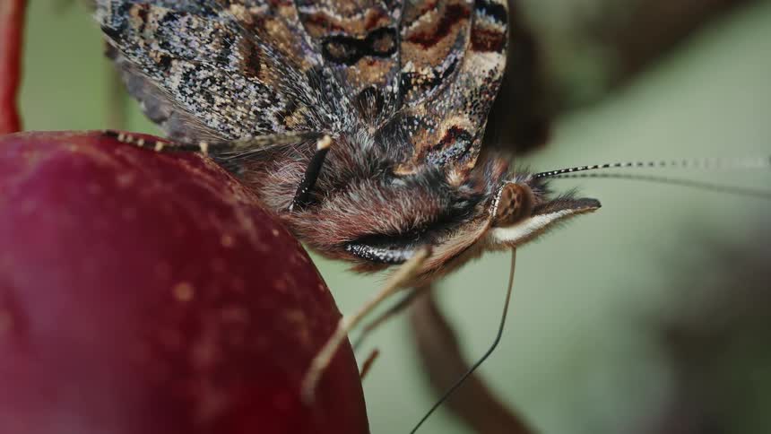A butterfly sucking the sweet juice from an apple with its proboscis