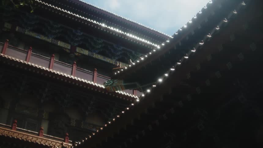 The corner of a roof where a dragons head sticks out