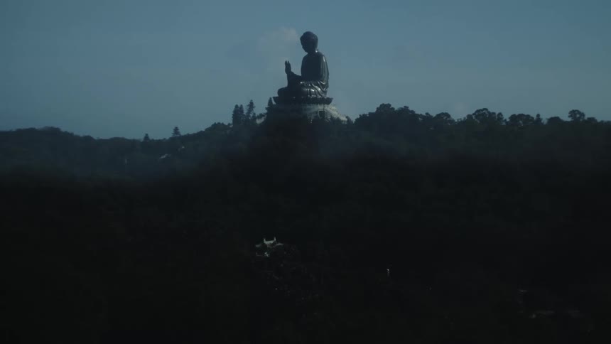 A giant buddha statue surrounded by trees and a building is shown at the bottom of the statue