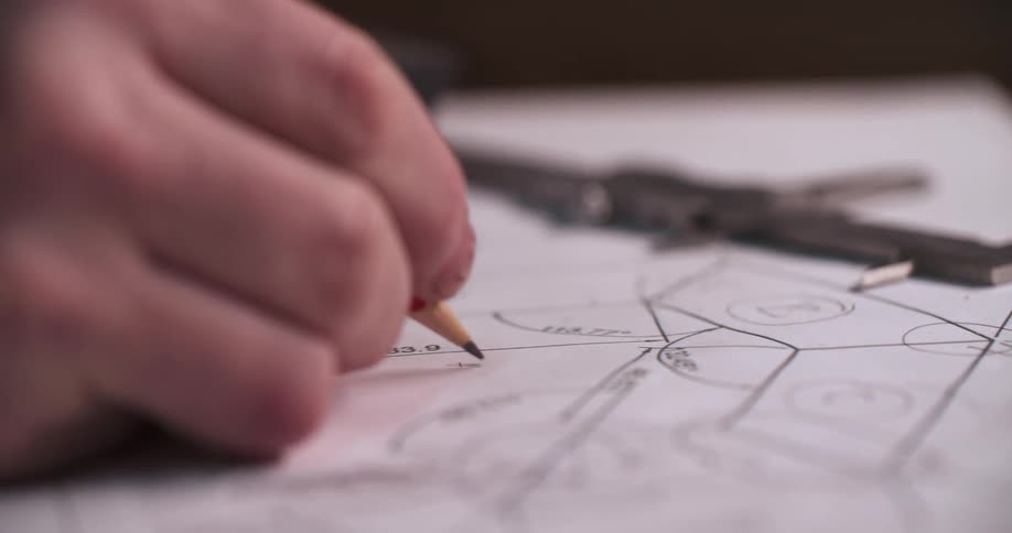 Hand drawing technical details on a blueprint with a pencil