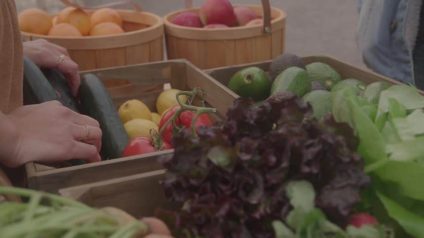 Fruits and vegetables such as avocados tomatoes lemons and carrots are arranged in wooden crates with hand interacting on the left